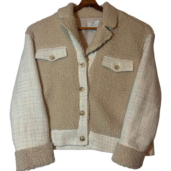 Greylin Kayla Faux Shearling and Tweed Mixed Media Jacket Size Medium in Cream - Picture 2 of 8